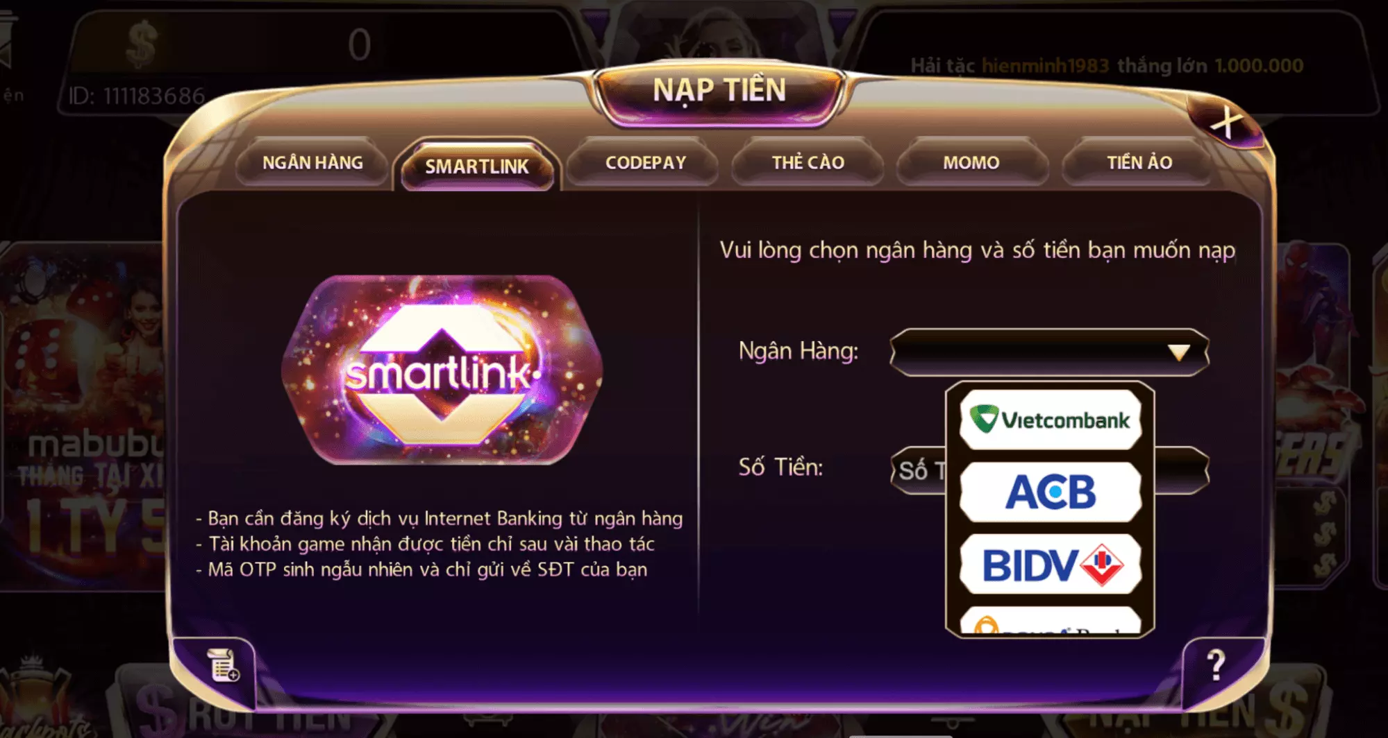 Nạp tiền vào tài khoản qua hình thức Smartlink