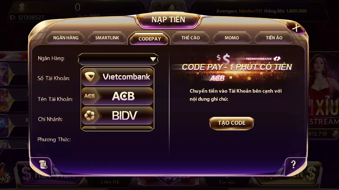 Nạp tiền vào tài khoản qua hình thức Giftcode  